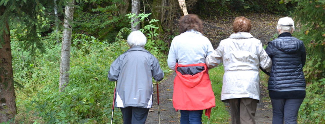 Drei Seniorinnen laufen einen Waldweg entlang. Der Rücken ist zum Betrachter gewand. 