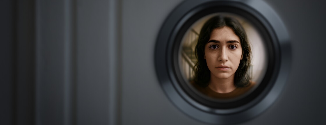 Eine junge Frau steht vor der Haustüre und ist sichtbar durch den Türspion.
