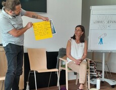 Frau sitzt auf Stuhl vor einem Flipchart, Mann hält eine gelbe Tafel zur Kamera hin.