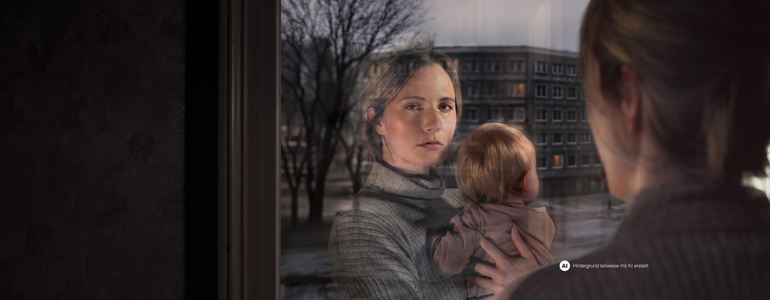Eine Frau mit Kind am Arm schaut aus dem Fenster. Ihr Gesicht spiegelt sich im Fensterglas wider. Vor dem Fenster ist eine Wohngegend erkennbar.