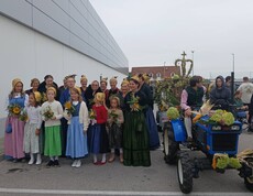 Viele Menschens stehen links im Bild, rechst ist ein alter Tracktor von vorne zu sehen