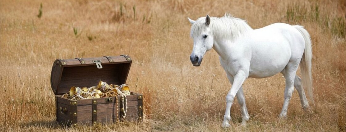 Weißes Pferd rechts im Bild, geht auf geöffnete Schatzkiste, links im Bild, zu.
