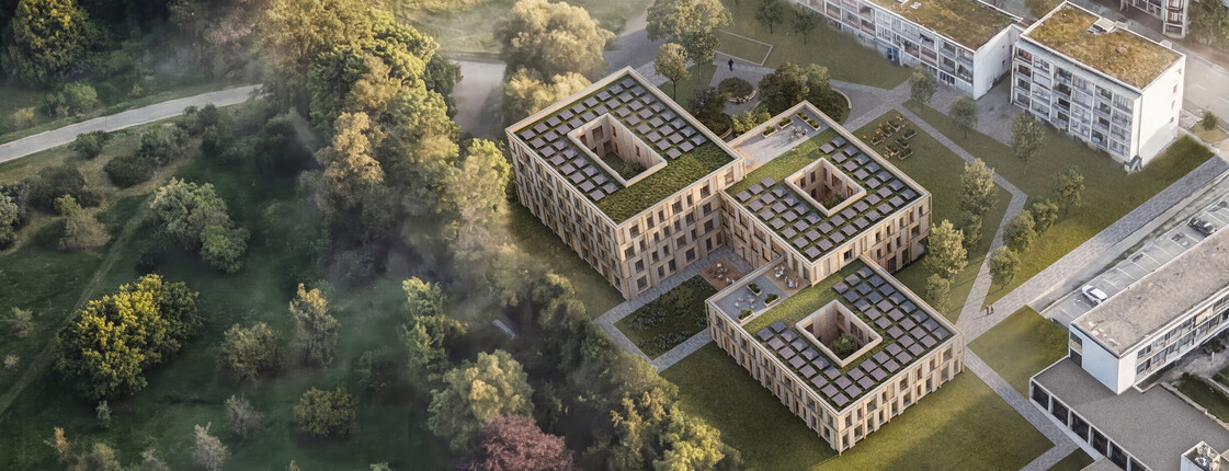 Vogelperspektive des geplanten Neubaus  - drei quadratische Hauser