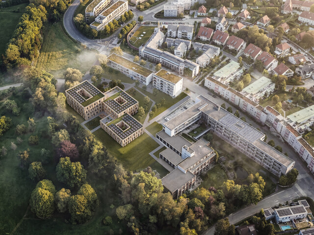 Vogelperspektive des geplanten Neubaus  - drei quadratische Hauser