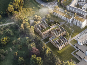 Vogelperspektive des geplanten Neubaus  - drei quadratische Hauser