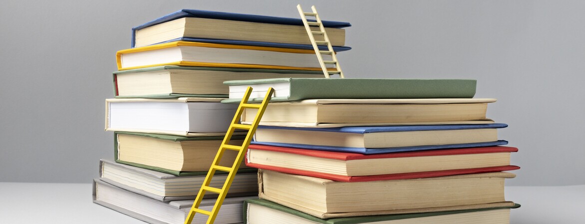 Zwei Bücherstapel bilden für zwei Modellleitern eine Art Aufstieg. 