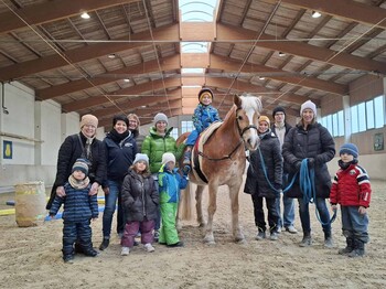 Pferd in der Reithalle mit vielen Personen 